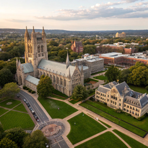Aerial view of Harvard University's campus in Cambridge, Massachusetts. A majestic Gothic-style building with towering spires and detailed carvings.