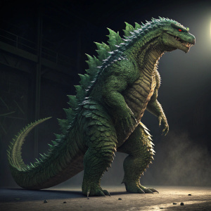 Digital art of a massive green monster, resembling Godzilla, with a thick body, long neck, and prominent dorsal fins. The beast stands in a gloomy setting with shadows highlighting its form. The dark background accentuates the creature's details.