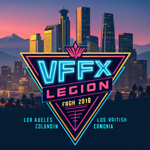 VFX Legion logo redesign. Incorporating cityscapes of Los Angeles and British Columbia. Bright neon colors, dynamic layout.