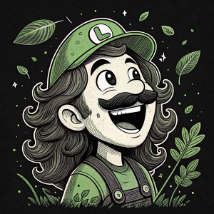 Cheerful cartoon character with mustache and long wavy hair. Stylized on a black background with green details.
