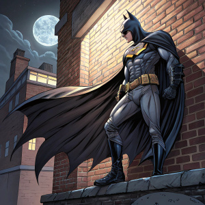 Batman, dynamic pose with flowing cape. Detailed illustration, brick wall background. Strong lines, shadows enhance his powerful and cool look.
