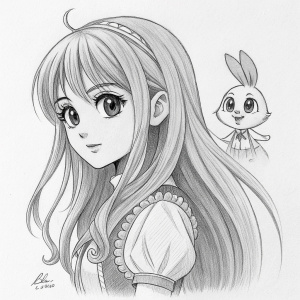 A pencil sketch of anime character Vanity Celerio. She has long hair and detailed face. Small cartoon character at side