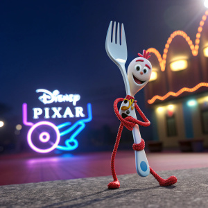 Forky from Toy Story, Disney Pixar logo, neon lights background, modern font style