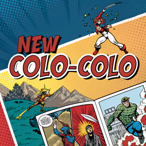 Promotional poster for the new Colo-Colo comic book. Vibrant colors and comic book style illustrations. Spanish text promoting the comic book.