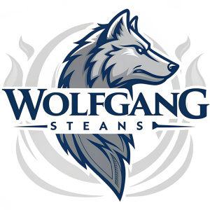 Digital illustrations featuring the WolfGang Steak House logo. Stylized wolf head in gray and blue. The word WolfGang appears in different fonts and sizes. Emphasizes modernity and sleekness through clean lines and contemporary design.