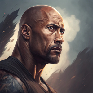 Digital illustration of Dwayne Johnson, intense stare, shaven head, prominent jawline, dramatic shadows, abstract background