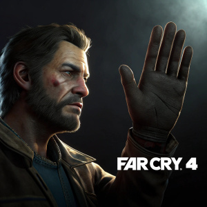 Digital illustration of a hand in 3D render style. Dark background. Game Far Cry 4 logo at bottom.