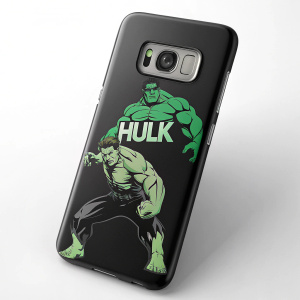 Close-up of a custom-made Samsung Galaxy S8 case featuring a vibrant Hulk logo in green against a sleek black background. The design elegantly fits the phone's shape, including the camera lens cutout.