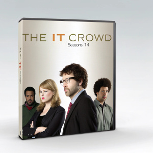 High-resolution image showcasing the DVD box set for 'The IT Crowd' seasons 1-4. Sleek and modern design.