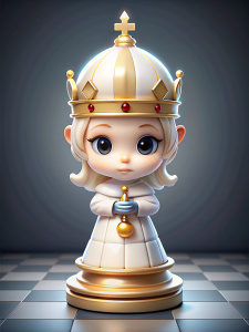 la reina de ajedrez blanco, estilo chibi, una corona, boca pintada, cabello largo