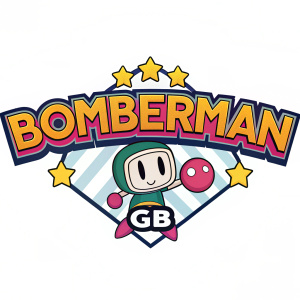 Digital art of Bomberman logo, bold and playful. 'GB' emblem on the right side. White background, colorful font