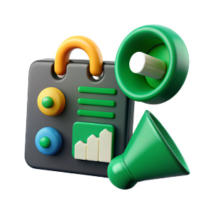 3d Create a 3D icon showcasing Avito's promotion strategies: Engage customers through profile optimization, product cards, and effective marketing tactics development icon, for web, with gradient shadows, white background