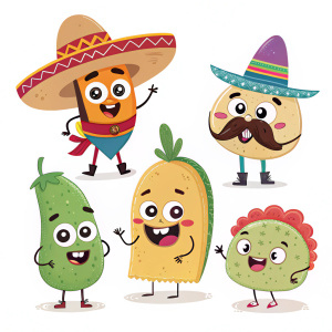 Cartoon characters from Tortilla Land. Diverse and vibrant. Each character has a distinct personality and expression.