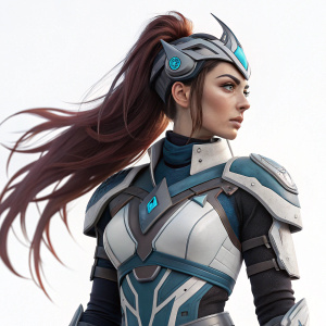 Digital illustration of Akali from League of Legends in futuristic attire. Gray, white, and blue armor with long, flowing reddish-brown hair. Against a plain white backdrop.