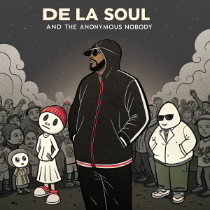 De La Soul's promotional poster for 'And the Anonymous Nobody'. Central figure surrounded by a crowd of cartoon characters in a simple, graphic style. The color palette is primarily grays and blacks, giving it a stark appearance.