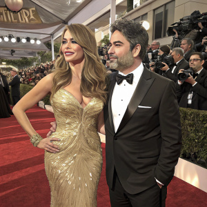 Sofia Vergara and Manolo Gonzalez-Ripoll Vergara, attending the Golden Globe Awards. Sofia in a gold sequined dress, Manolo in a classic tuxedo. Crowded red carpet with flashing cameras.