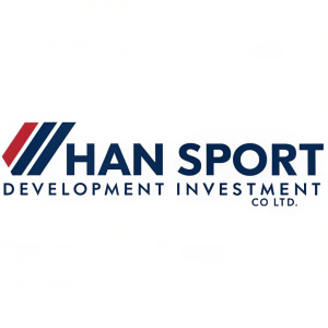 Logo for Wuhan Sport Development Investment Co Ltd, featuring simple geometric shapes and a bold sans-serif font in deep blue. Modern and sleek design