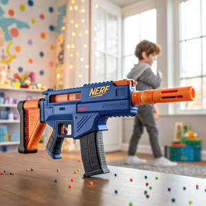 Futuristic Nerf Delta Trooper toy gun. Mainly blue and orange colors. Brand name 'Nerf' emblazoned on the blaster. Scene: A child playing in a bright, colorful room.