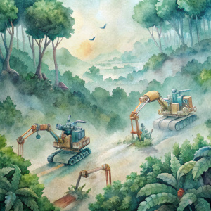 por favor faça ilustração de maquinas invadindo a floresta amazonica, derrubando árvores 