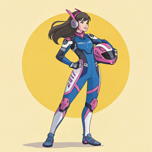 Digital art of D.Va, Overwatch character. Bold, confident pose with blue and pink outfit. Limited color palette. Bright yellow background.