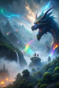 A battle scene with the rainbow-scaled illusion dragon fighting dark fairies in misty hills. The hills are covered in thick fog and fantastic plants.