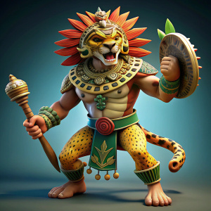 jaguar guerrero azteca  con escudo chimalli en una mano y un Macuahuitl en la otra ,en posicion de ataque, en estilo pixar