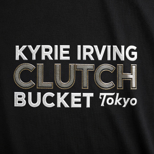 Modern font text 'Kyrie Irving CLUTCH BUCKET TOKYO' in shiny silver, plain black background