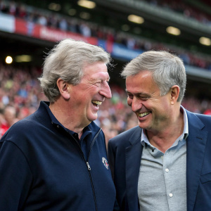 Roy Hodgson and Jose Mourinho laughing together at a stadium. Crowd in the background. Informal candid shot