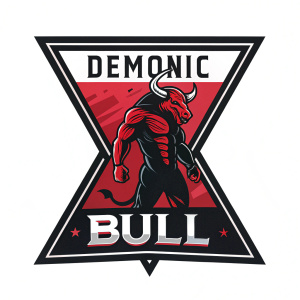 Demonic bull logo. Sharp horns, muscular build. Dynamic stance. Triangular design. Bold, sans-serif font. Red and black color scheme. Used for branding.