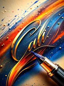 Ink fountain pen with flat  tip writes calligraphy "Calli", rosegold, leather brown,