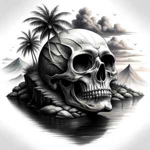 skull island tattoo design - perfect realistic art - high-definition - grey and black - white background 