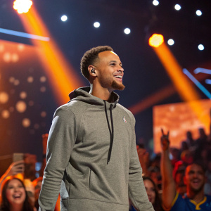 Stephen Curry, NBA star, at the Nickelodeon Kids' Choice Sports Awards. Grey hoodie, standing in front of cheering crowd, joyful expression. Bright orange stage lights