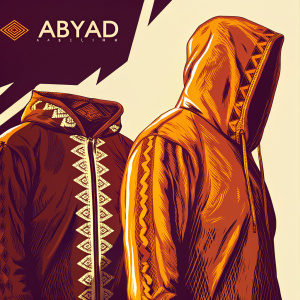 Digital artwork for Abyad clothing line. Vibrant colors, intricate patterns, and text highlighting brand identity. Bold, modern design.