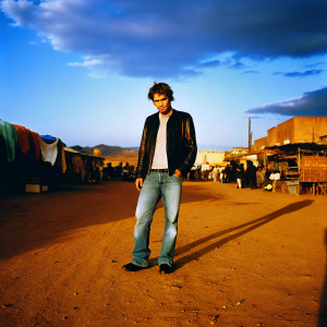 Robert Pattinson, actor, dressed in casual attire. Blue jeans, black leather jacket. Standing in busy street market, vibrant background.