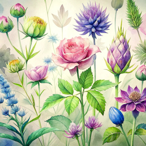 watercolor image , artichokes  ,pink centaurea ,nigella ,mentha ,, hydrangea , wild lupine ,compass plant ,dogwoodevening primrose ,nodding onion , cosmos,scilla,hosta ,achillea,carly dock ,bee balm , physalis , watercolor,  background