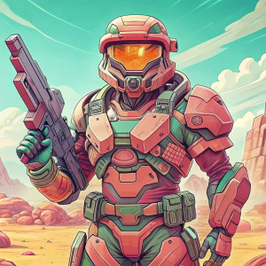 A halo space marine in light red armor.  Holding gunblade.  Draw it in cartoon style against a wild western background.