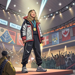 Chloe Kim at an indoor sports award ceremony. Wearing a Nike outfit with layered design. Standing confidently on a stage with flashing lights and crowd cheers.