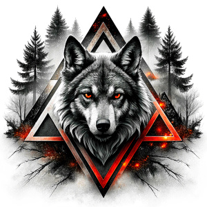 valknut runes pattern geometric symbols - wolf and trees - tattoo design - perfect realistic art - high-definition - grey and black - white background 