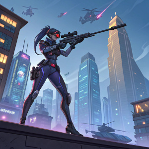 Digital art of Widowmaker from Overwatch. Futuristic cityscape background. Bright colors and dynamic pose