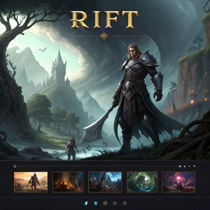 Homepage for MMORPG game, 'RIFT'. Dark theme with intricate illustrations of mythical creatures and landscapes. Centered main character with detailed artwork. Login section featuring sleek, modern form. Surrounding smaller character illustrations and fantasy elements.