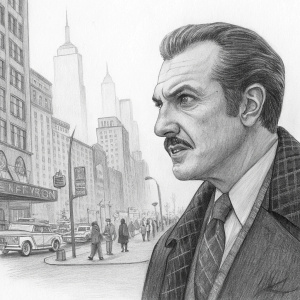 Vincent Price, with his iconic mustache, standing in front of a bustling New York City street. His facial features are detailed in a pencil sketch.