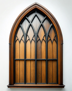 wall hight gothic hight window glass ,wood wall design - perfect realistic art,wood - high-definition - brown and black wood wall- white background 