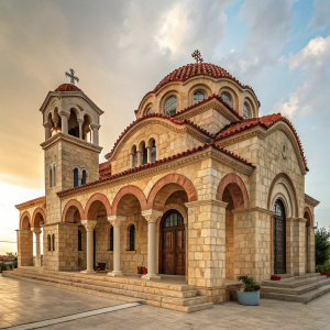 Church of St Nektarios in Faliraki, Greece. Stone facade with warm earth tones, featuring multiple arches and columns. Entrance highlighted by dark door with cross emblem. Mediterranean architecture style.