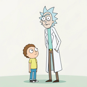 Rick Sanchez, in his iconic white lab coat, towering over a casually dressed Morty Smith. A minimalist animated backdrop
