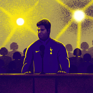 Mauricio Pochettino, professional soccer manager, dressed in a dark blue jacket with Nike and Tottenham Hotspur emblems. Press conference, bright lights, blurred audience