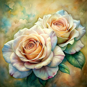 Vintage Old, Soft Colors, Oil Painting two Large Roses, Frontal View