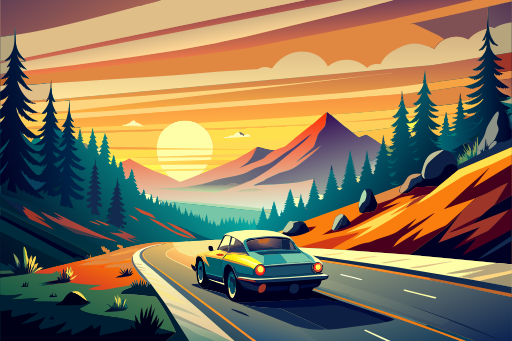 a porsche far away driving down a mountain windy road. Car from the back in line with the camera and the road. The sun rising in front of the car. Lots of pine trees and green. Morning light. in the style of comic art, decorative paintings, morning colours, nostalgic, dreams, future, sketch-like
