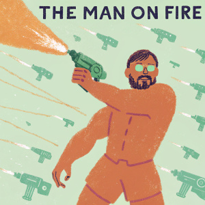 Digital art piece featuring Virat Kohli in an intense action pose. Futuristic setting with glowing blue and metallic tones. Surrounded by high-tech weaponry and gadgets. Top banner reads 'THE MAN ON FIRE'.