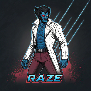 Digital artwork of Raze Darkholme, a hybrid human-extraterrestrial Wolverine character. Depicted in stark black and white with vibrant blue and red tones, wearing a white jacket and belt. The illustration features bold lines against a dark backdrop, with 'Raze' prominently displayed beneath.