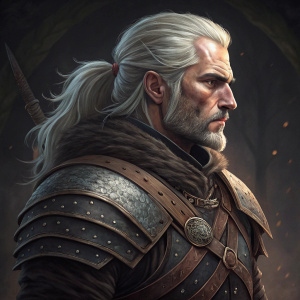 Detailed illustration of Geralt of Rivia, a stoic character from The Witcher series. Grey hair cascades down his back. Rugged, weathered face. Layered armor with intricate metal plates and belt. Dark background highlights his features. Artwork filled with rich textures and deep shading.